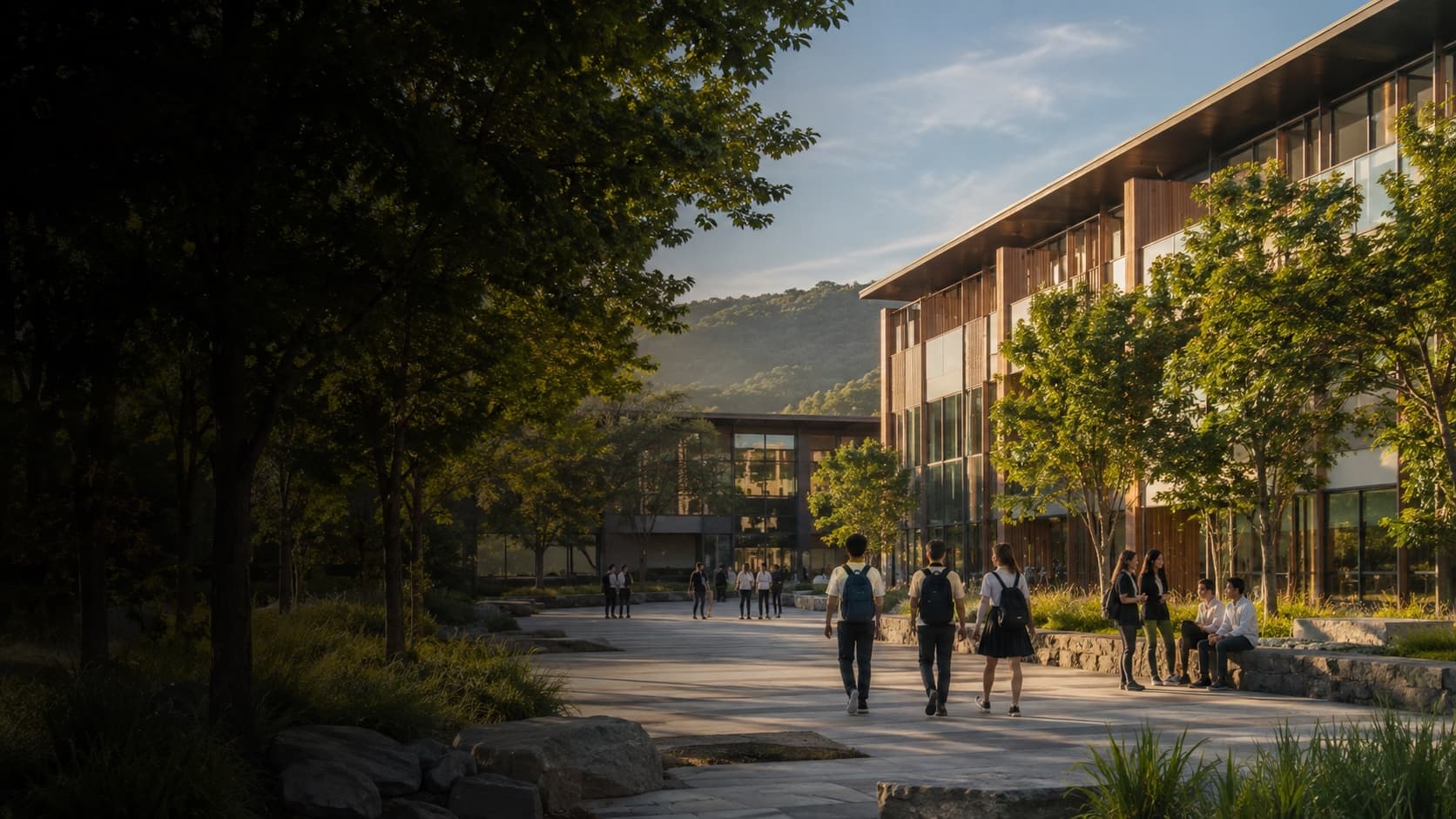 Students walking through a modern international school campus